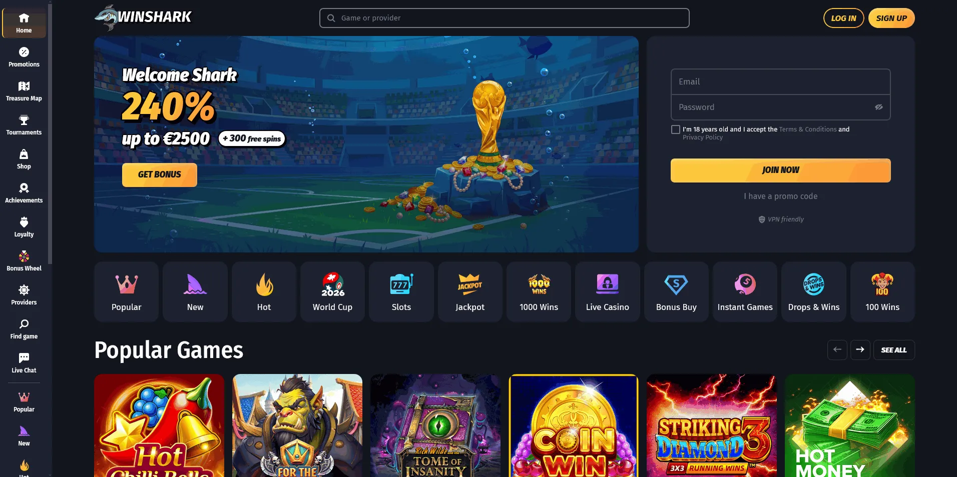 Winshark casino offers Winshark EU online casino homepage